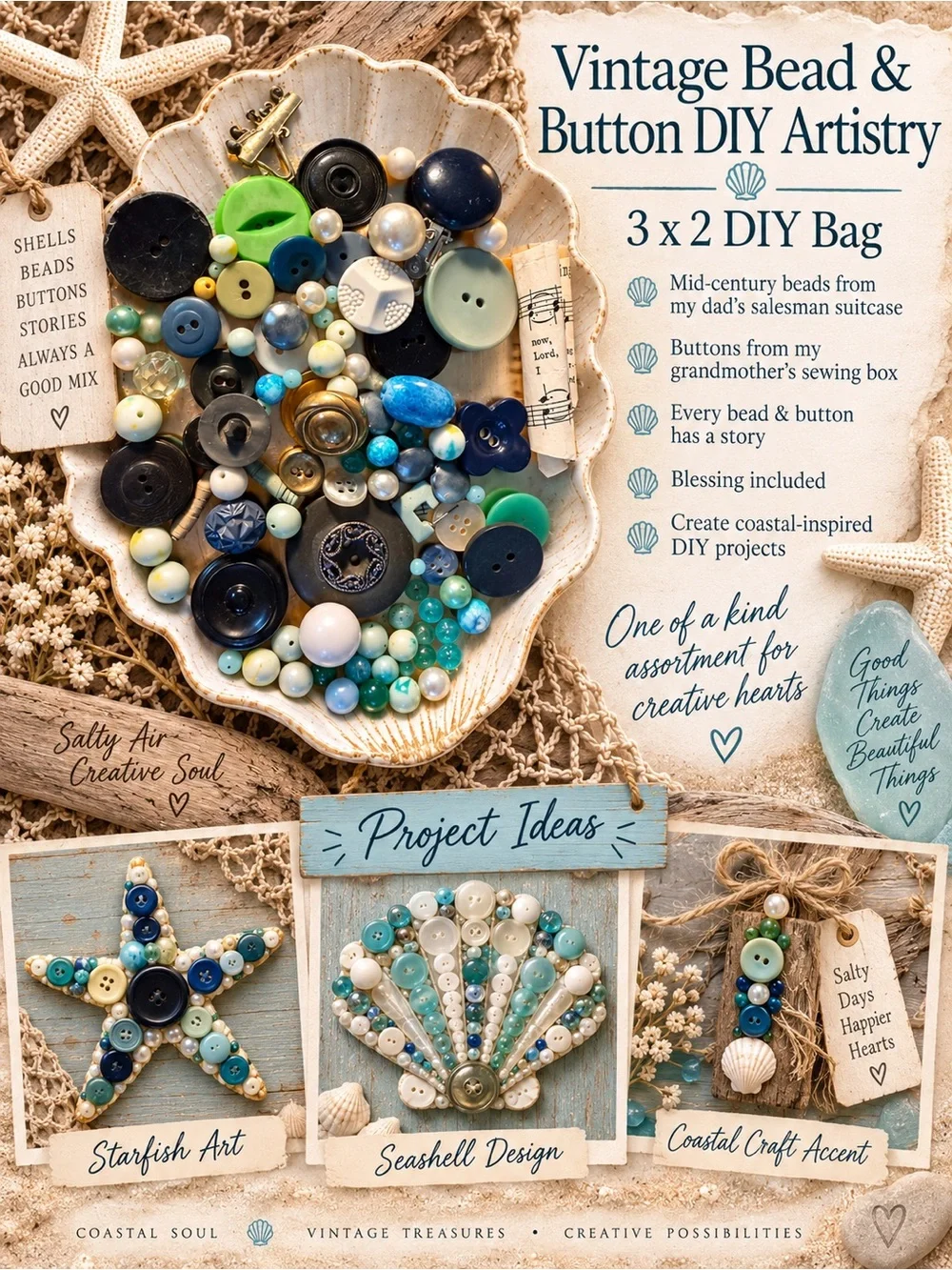 Vintage Bead & Button DIY Artistry - Blue, Green, Cream